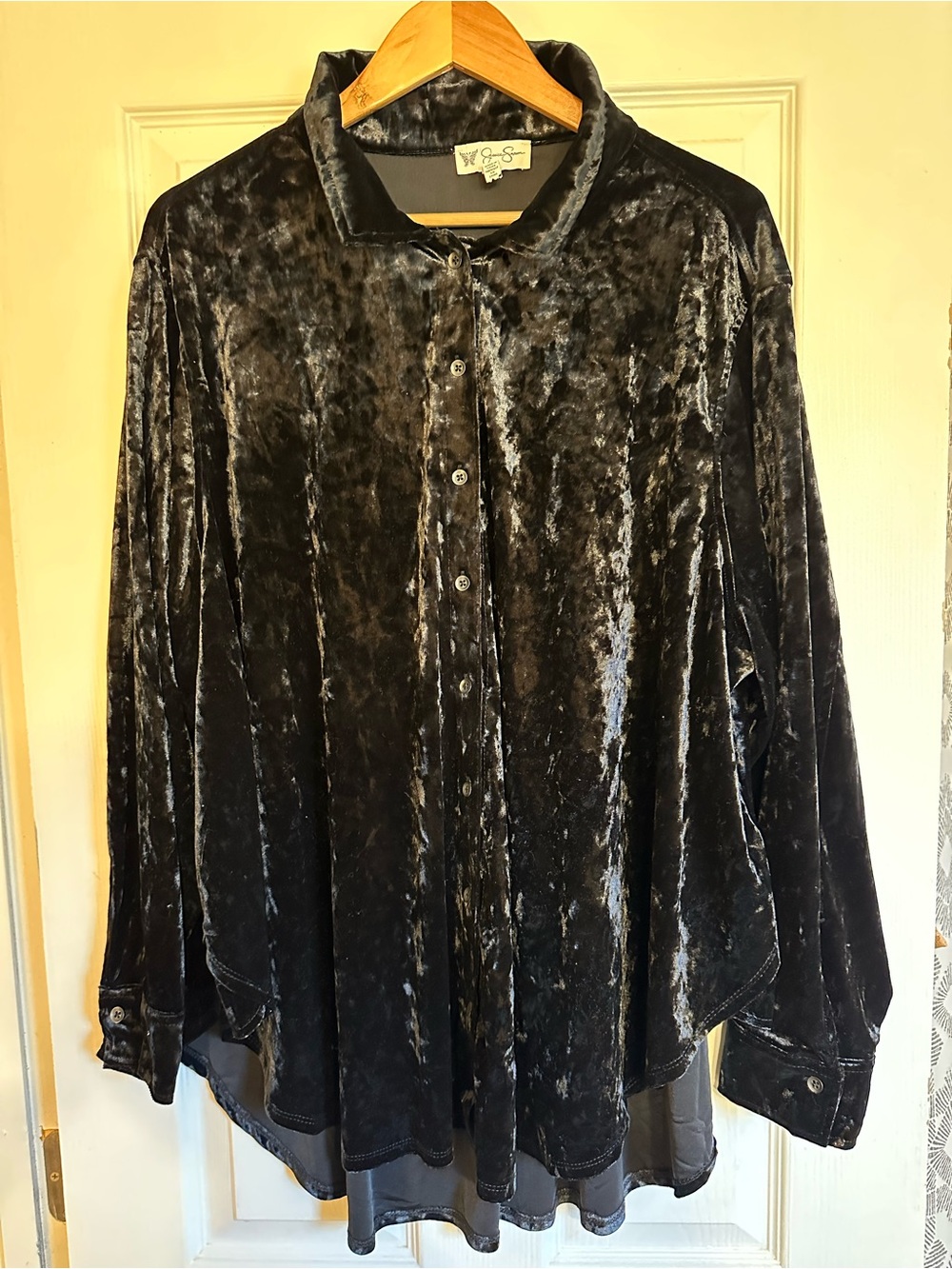 Womens Black Crushed Velvet Button Front Top XL Whimsigoth Dark Romantic Witchy